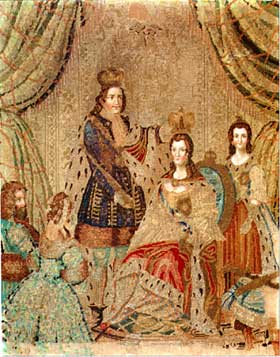 Петр Великий коронует Екатерину. 1720-е. Шитье по канве, синель, масло
